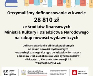 Dofinansowanie ze środków Ministra Kultury i Dziedzictwa Narodowego na zakup nowości wydawniczych Dofinansowanie ze środków Ministra Kultury i Dziedzictwa Narodowego na zakup nowości wydawniczych